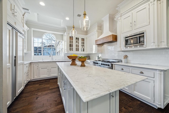 kitchen with crown molding, dark wood finished floors, custom range hood, decorative backsplash, and stainless steel appliances