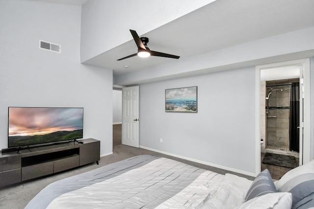 bedroom with ceiling fan, carpet, visible vents, and baseboards