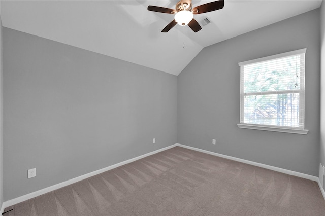 bonus room with lofted ceiling, carpet floors, ceiling fan, and baseboards