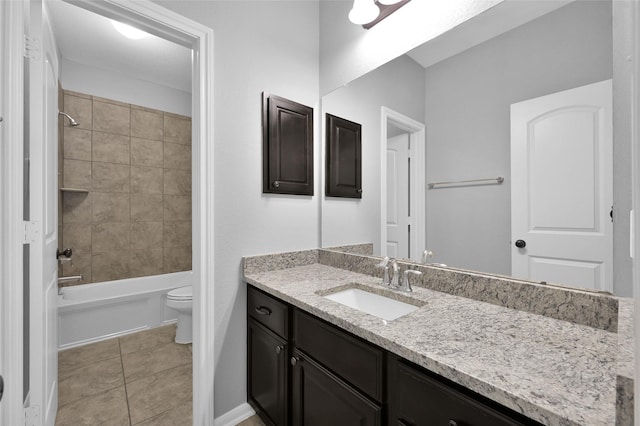 bathroom featuring toilet, vanity, baseboards, shower / washtub combination, and tile patterned floors