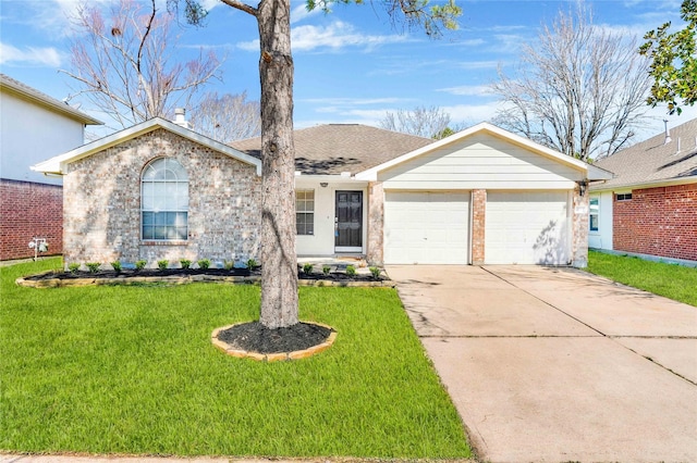 ranch-style home featuring driveway, a garage, a shingled roof, brick siding, and a front yard