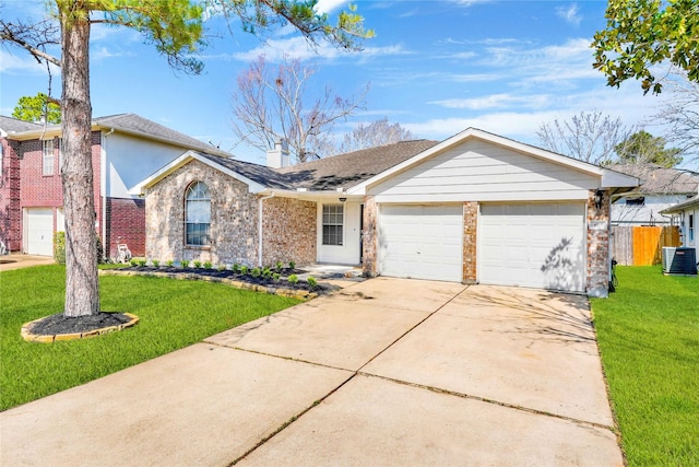 ranch-style house with central AC unit, fence, a garage, driveway, and a front lawn