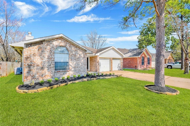 ranch-style home with driveway, a chimney, a front lawn, and brick siding