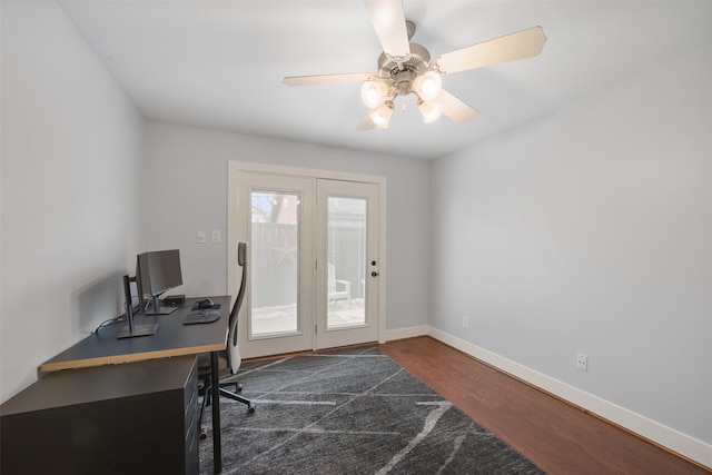 office with ceiling fan, baseboards, and wood finished floors