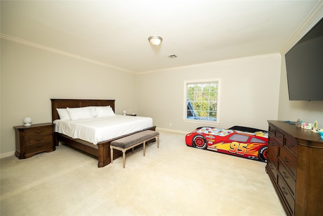 bedroom featuring visible vents, ornamental molding, and light colored carpet