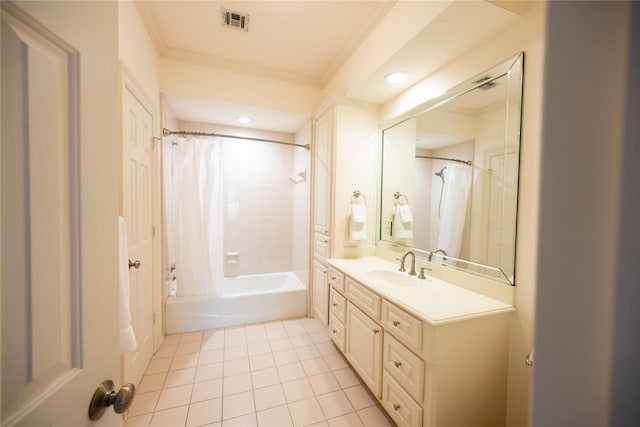 bathroom featuring shower / tub combo, visible vents, ornamental molding, tile patterned flooring, and vanity