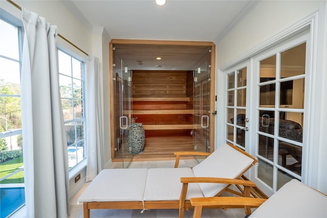 view of sauna featuring recessed lighting