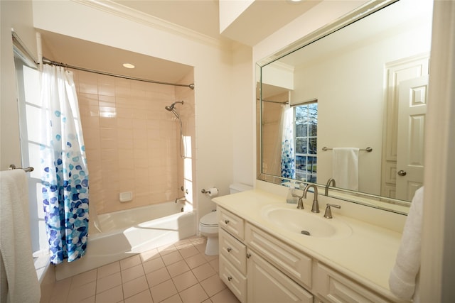 full bathroom with crown molding, toilet, shower / bath combo, vanity, and tile patterned flooring