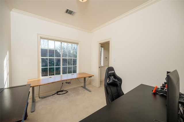 office area featuring carpet floors, visible vents, ornamental molding, and baseboards