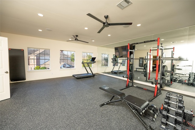 exercise room featuring a ceiling fan, visible vents, and recessed lighting