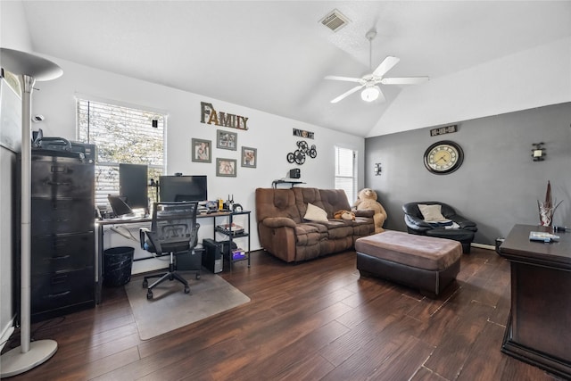 office area with vaulted ceiling, visible vents, a wealth of natural light, and wood finished floors