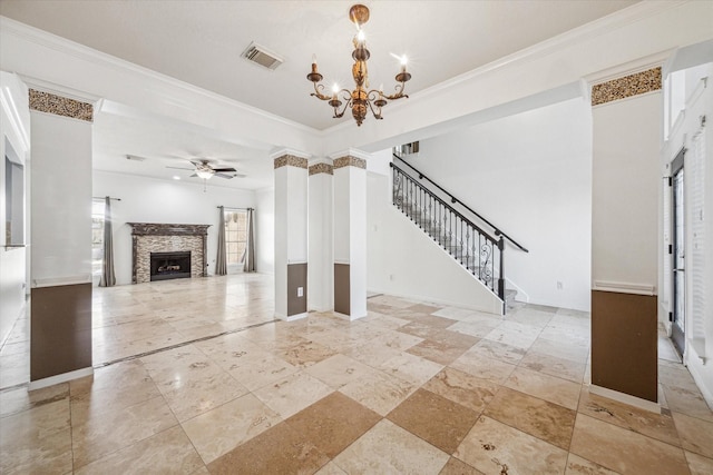 unfurnished living room with a stone fireplace, visible vents, baseboards, stairs, and ornamental molding