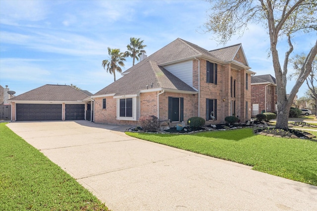 view of front of house with an attached garage, brick siding, a shingled roof, driveway, and a front lawn