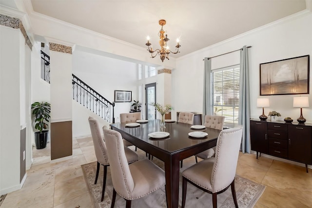 dining room featuring baseboards, ornamental molding, stairway, and a notable chandelier