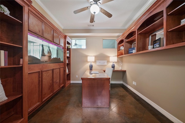 home office with baseboards, visible vents, built in study area, and a ceiling fan