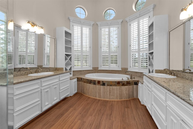 bathroom featuring a sink, two vanities, a garden tub, and wood finished floors