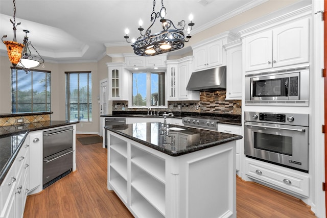 kitchen with open shelves, ornamental molding, white cabinets, under cabinet range hood, and appliances with stainless steel finishes