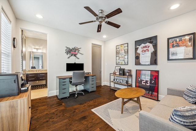 office featuring ceiling fan, dark wood-style flooring, a wealth of natural light, and recessed lighting