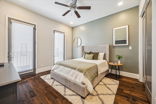 bedroom featuring hardwood / wood-style floors, recessed lighting, and baseboards