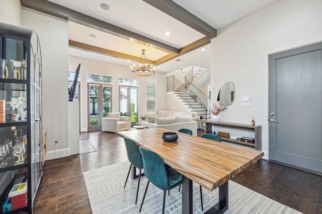 dining area featuring baseboards, stairs, beam ceiling, wood-type flooring, and an inviting chandelier