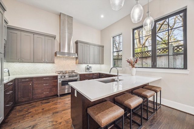 kitchen featuring tasteful backsplash, stainless steel range, wall chimney range hood, and a sink