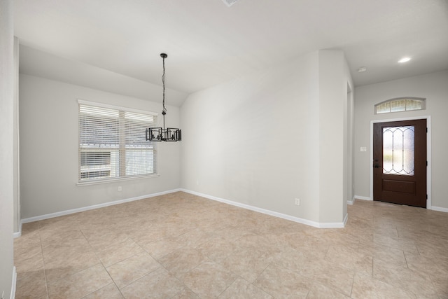 entryway featuring a chandelier, light tile patterned floors, lofted ceiling, recessed lighting, and baseboards