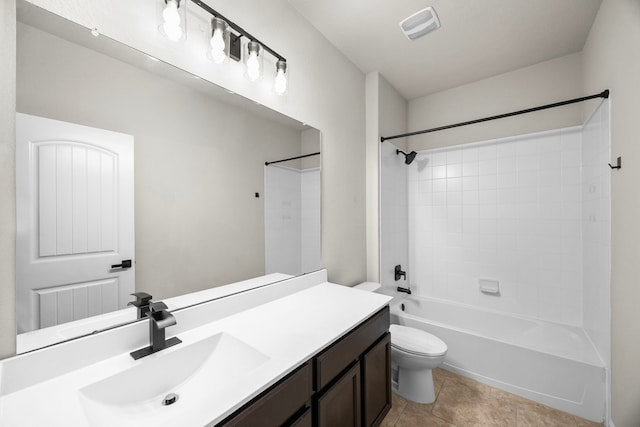 bathroom featuring visible vents, bathing tub / shower combination, toilet, tile patterned flooring, and vanity