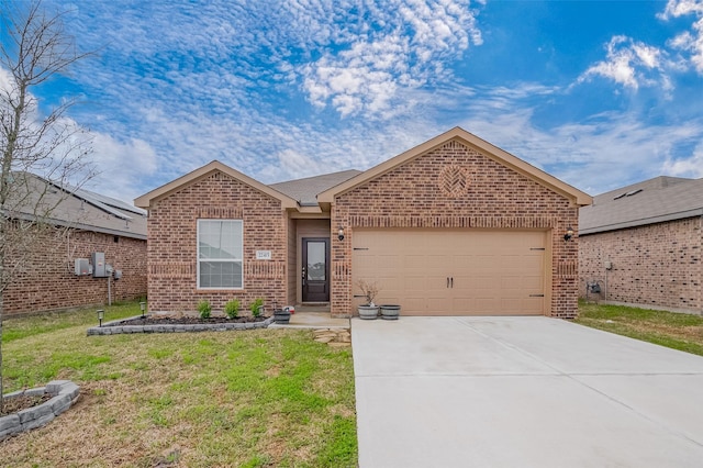 single story home with an attached garage, driveway, a front yard, and brick siding