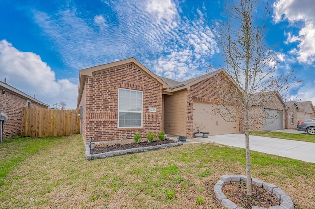 view of front of property with brick siding, an attached garage, fence, driveway, and a front lawn