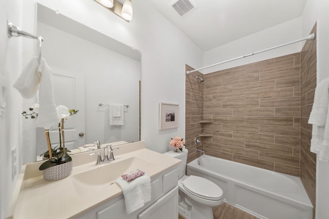 full bath with toilet, bathing tub / shower combination, vanity, and visible vents