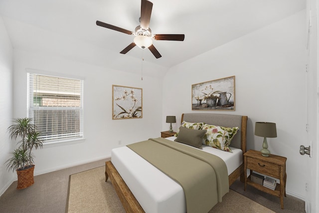 bedroom featuring carpet flooring, ceiling fan, and baseboards