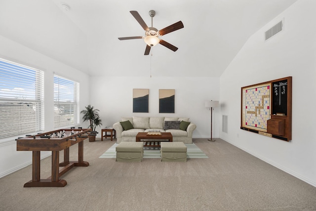 living room with carpet, visible vents, and baseboards