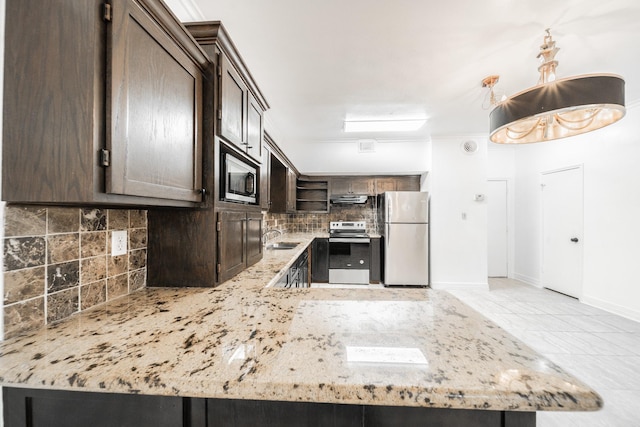 kitchen with stainless steel appliances, open shelves, and dark brown cabinetry