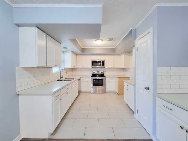 kitchen with a sink, visible vents, appliances with stainless steel finishes, a raised ceiling, and crown molding