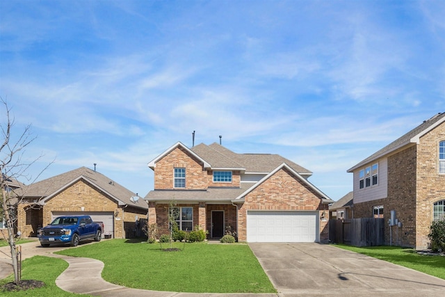 traditional-style house featuring brick siding, concrete driveway, an attached garage, fence, and a front lawn