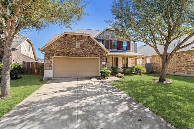 traditional home featuring a garage, brick siding, a front yard, and fence