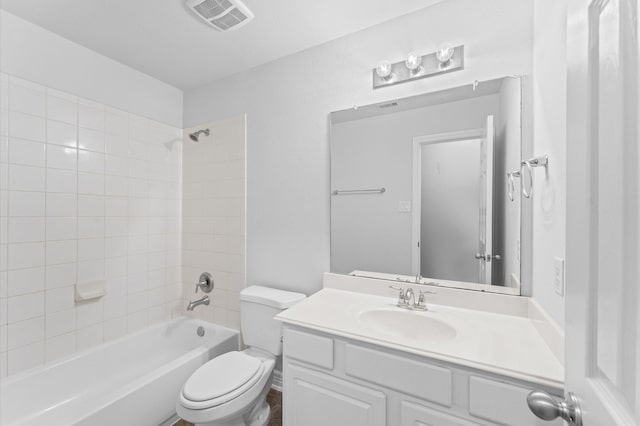 full bathroom featuring toilet, shower / tub combination, visible vents, and vanity