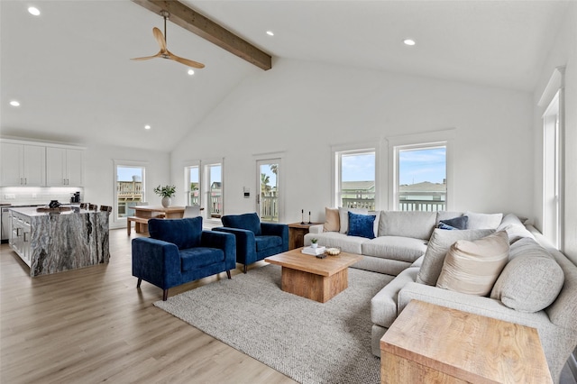 4214 Jackson Dr, Galveston, TX 77554 - living room with light wood-type flooring, high vaulted ceiling, beamed ceiling, and recessed lighting