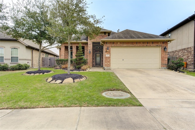 view of front of property featuring concrete driveway, brick siding, a front lawn, and an attached garage