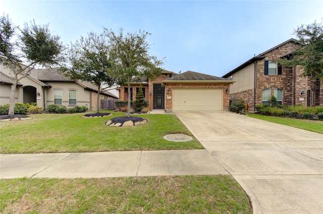 view of front facade featuring an attached garage, a front lawn, concrete driveway, and brick siding