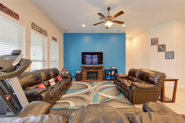 living room with baseboards, a ceiling fan, tile patterned floors, a fireplace, and recessed lighting