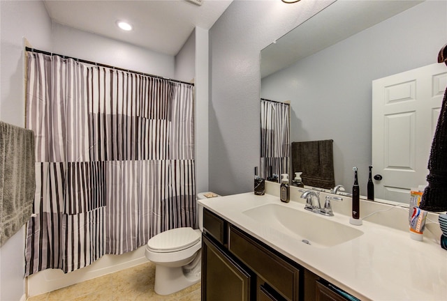 full bathroom with tile patterned flooring, toilet, recessed lighting, vanity, and shower / tub combo with curtain