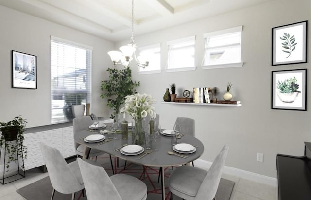 dining space with light tile patterned floors, baseboards, coffered ceiling, beamed ceiling, and an inviting chandelier