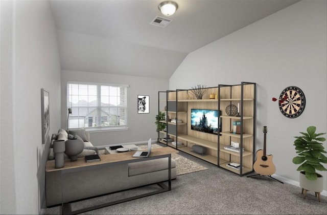 living area featuring carpet floors, baseboards, visible vents, and vaulted ceiling