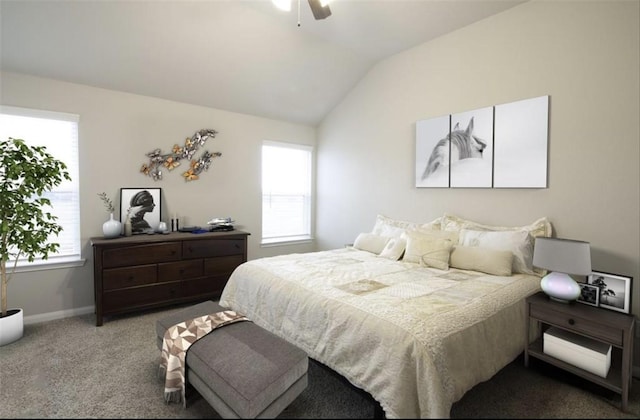 carpeted bedroom with a ceiling fan, lofted ceiling, multiple windows, and baseboards