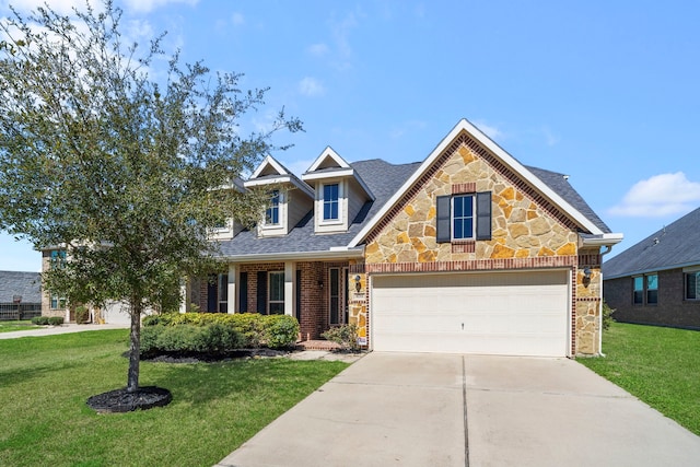 view of front of property with brick siding, a shingled roof, concrete driveway, a front yard, and stone siding