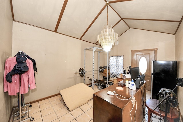 office area featuring lofted ceiling, light tile patterned flooring, and baseboards