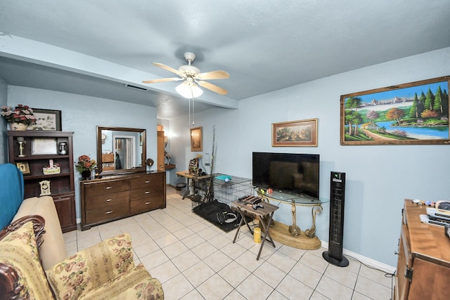 living room featuring ceiling fan, visible vents, baseboards, and light tile patterned flooring