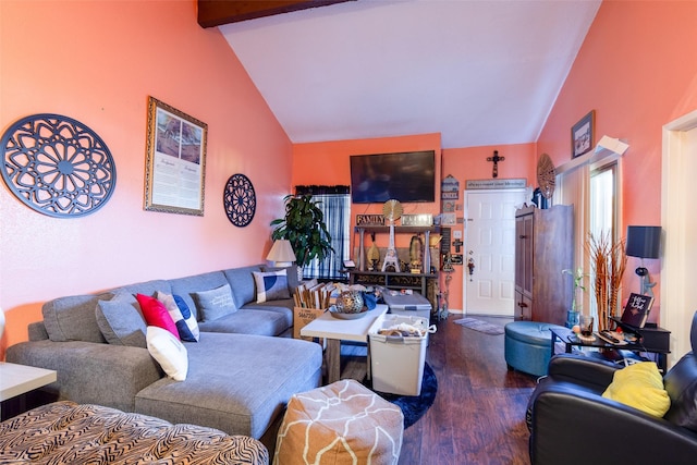 living room with vaulted ceiling with beams and wood finished floors