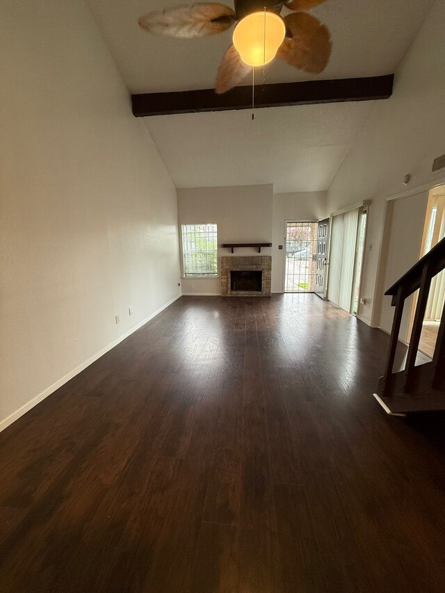 6341 Shadow Tree Dr, Houston, TX 77035 - unfurnished living room with a fireplace, wood finished floors, and a ceiling fan